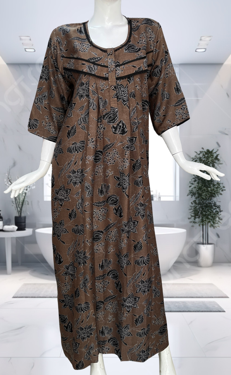 Mustard Garden Spun Long Sleeves Nighty. Flowy Spun Fabric | Laces and Frills - Laces and Frills