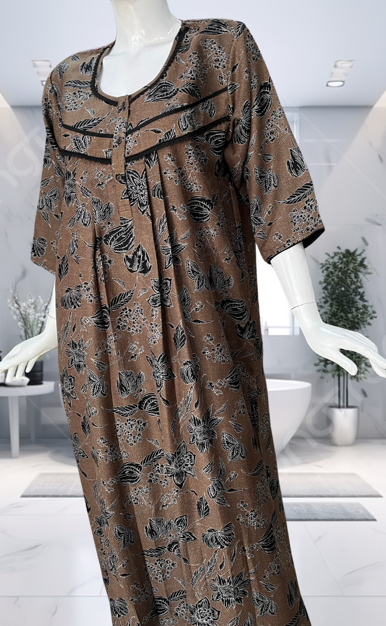 Mustard Garden Spun Long Sleeves Nighty. Flowy Spun Fabric | Laces and Frills - Laces and Frills