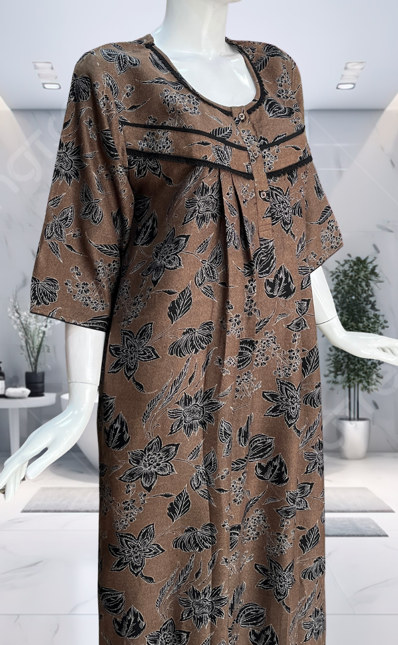 Mustard Garden Spun Long Sleeves Nighty. Flowy Spun Fabric | Laces and Frills - Laces and Frills