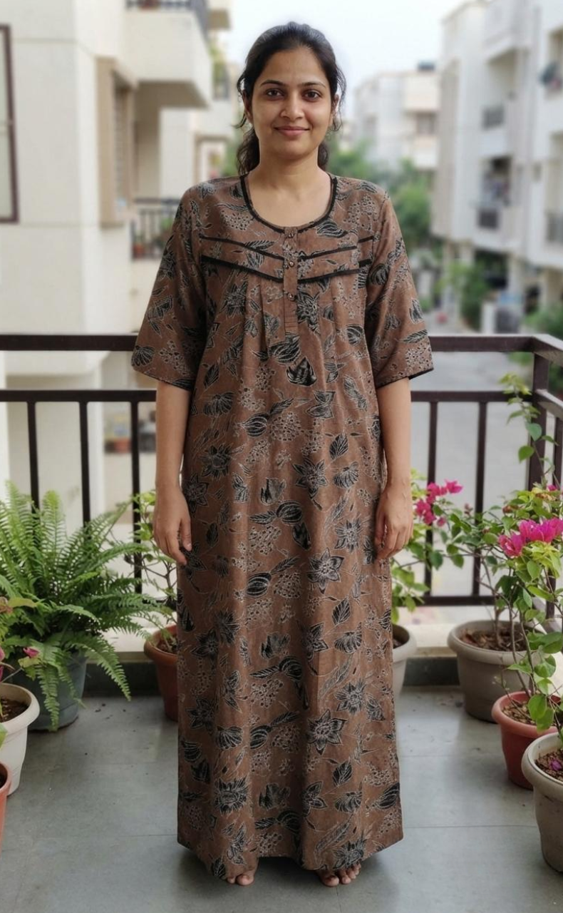 Mustard Garden Spun Long Sleeves Nighty. Flowy Spun Fabric | Laces and Frills