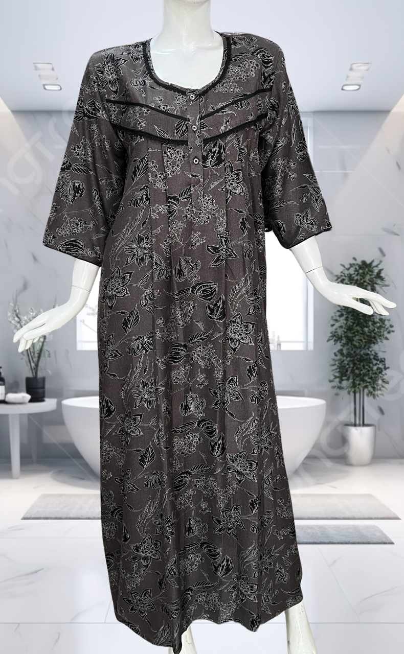 Black Garden Spun Long Sleeves Nighty. Flowy Spun Fabric | Laces and Frills