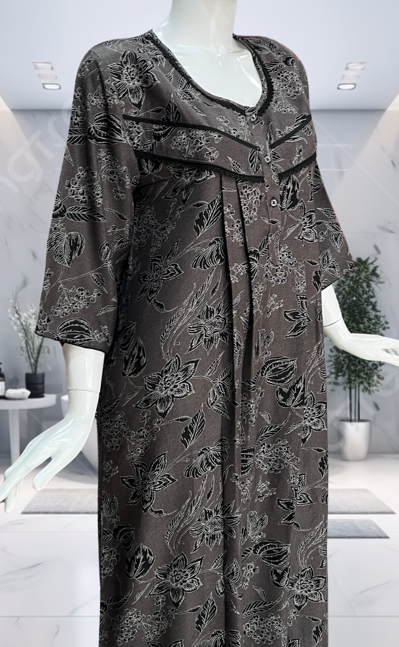 Black Garden Spun Long Sleeves Nighty. Flowy Spun Fabric | Laces and Frills