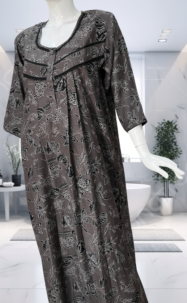 Black Garden Spun Long Sleeves Nighty. Flowy Spun Fabric | Laces and Frills
