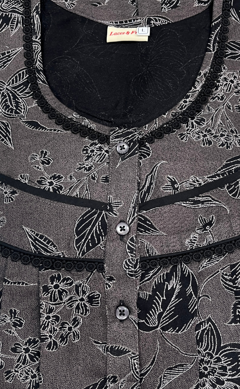 Black Garden Spun Long Sleeves Nighty. Flowy Spun Fabric | Laces and Frills