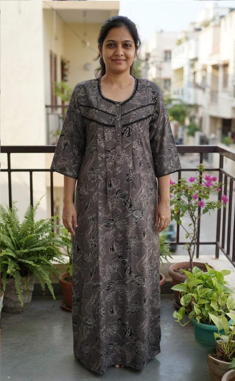 Black Garden Spun Long Sleeves Nighty. Flowy Spun Fabric | Laces and Frills
