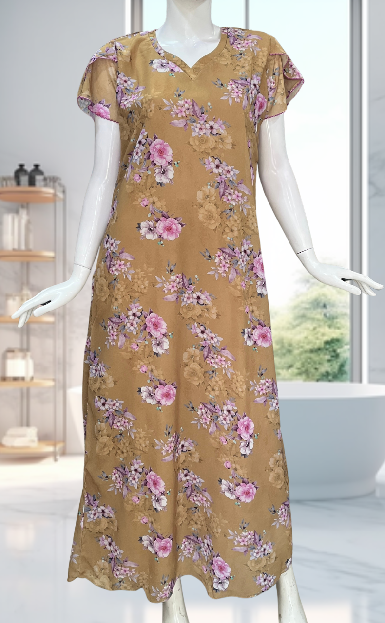 Beige Floral Chiffon Nighty. Delicate Chiffon | Laces and Frills - Laces and Frills