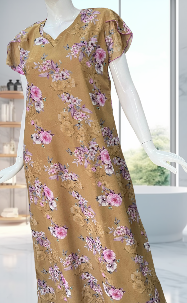 Beige Floral Chiffon Nighty. Delicate Chiffon | Laces and Frills - Laces and Frills