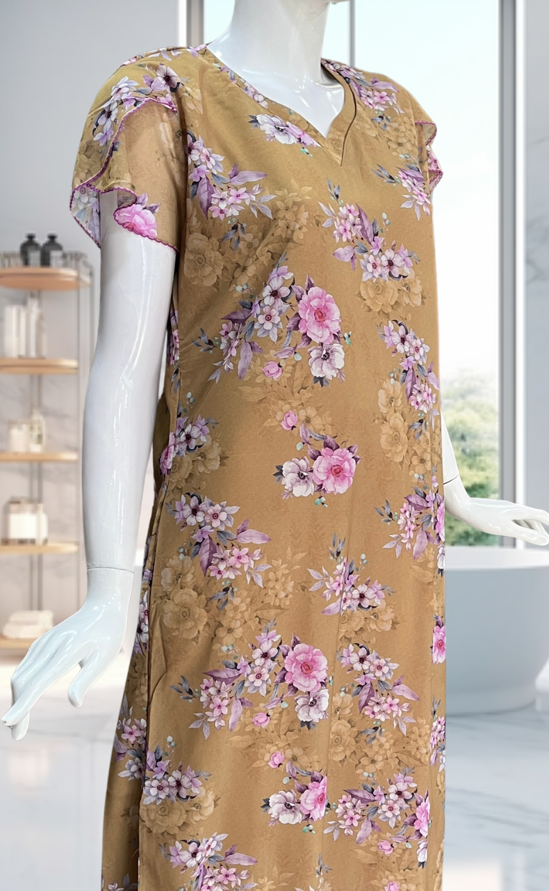 Beige Floral Chiffon Nighty. Delicate Chiffon | Laces and Frills - Laces and Frills