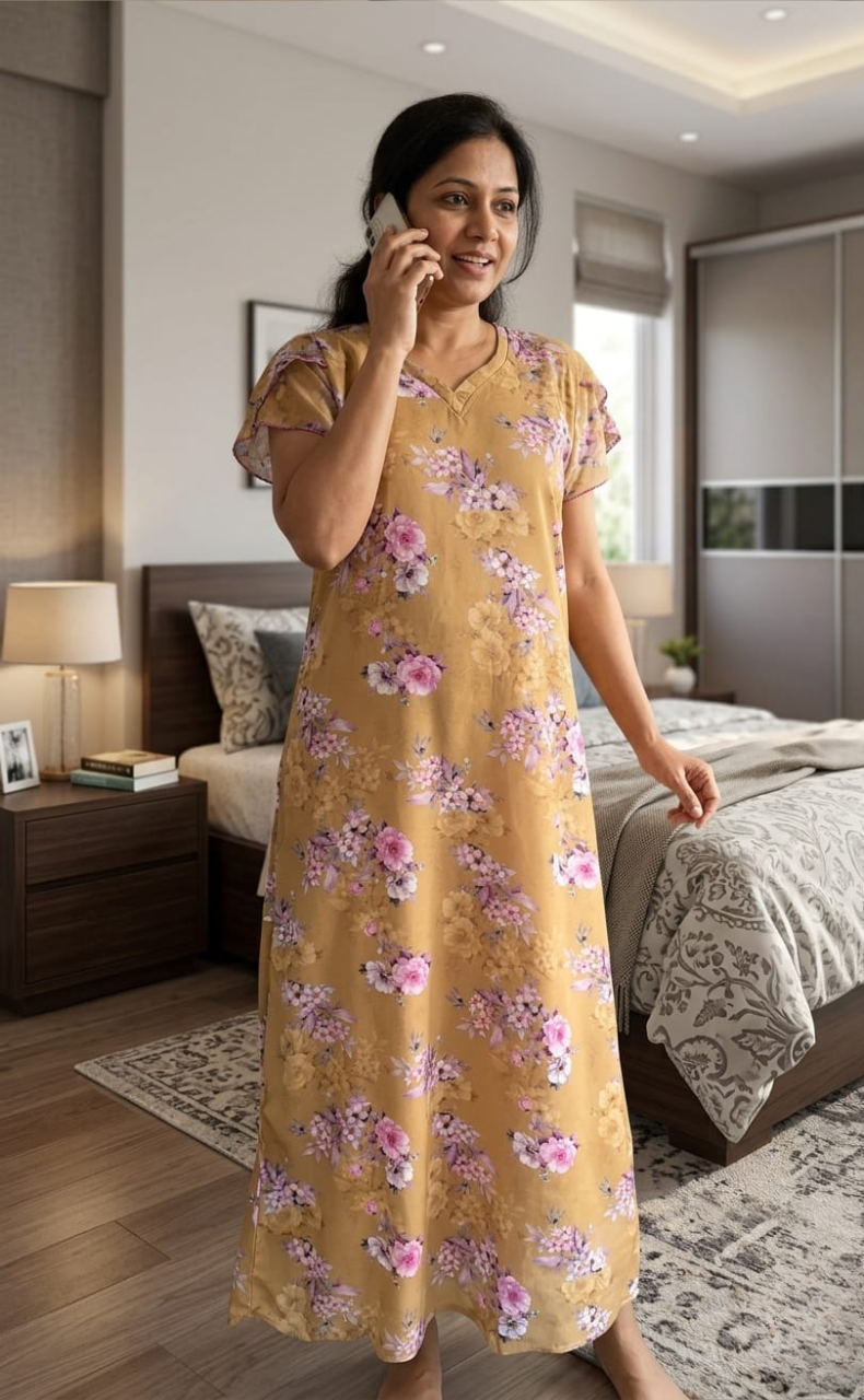 Beige Floral Chiffon Nighty. Delicate Chiffon | Laces and Frills