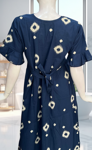 Navy Blue Ikkat Pure Cotton Nighty. Pure Durable Cotton | Laces and Frills - Laces and Frills