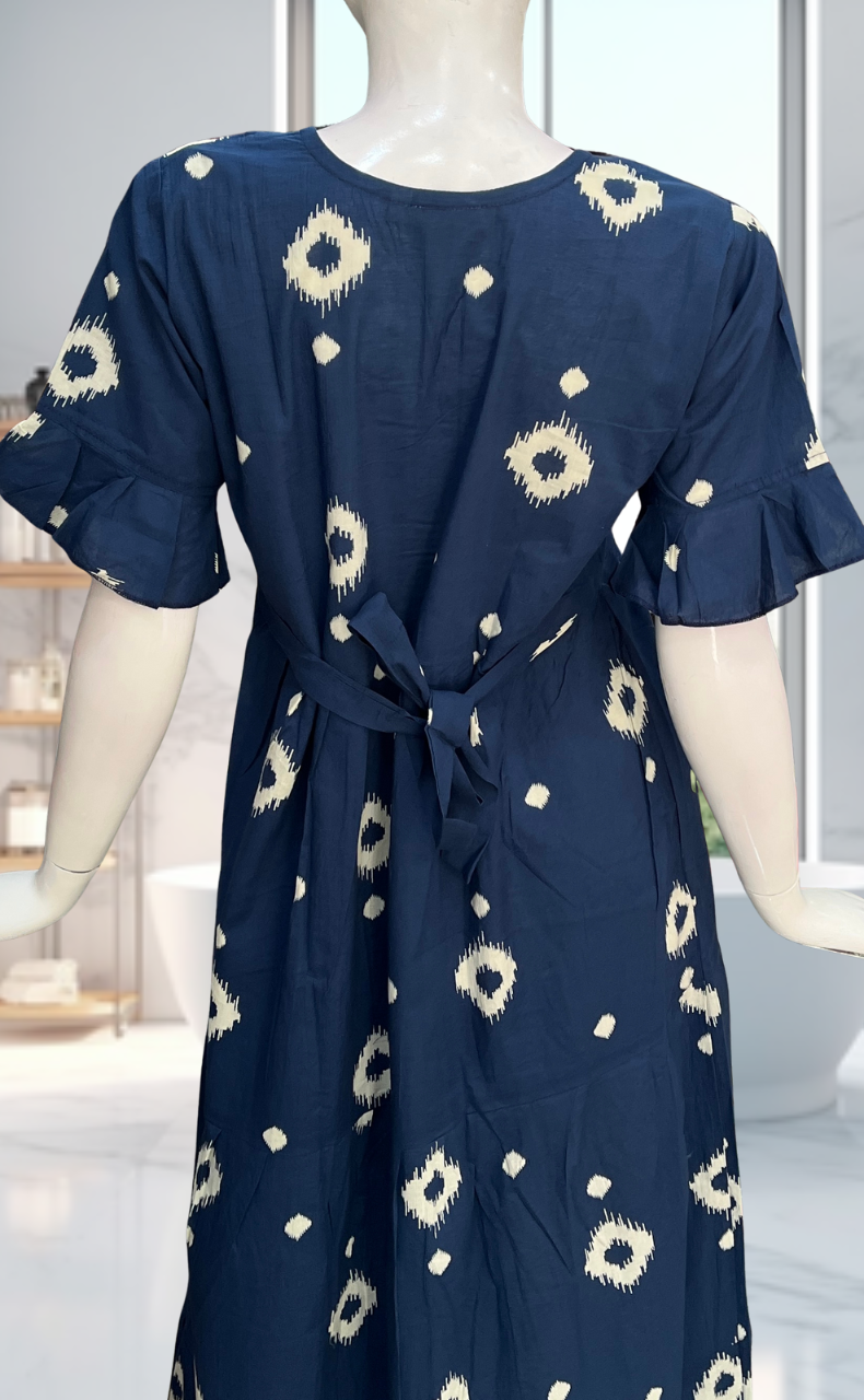Navy Blue Ikkat Pure Cotton Nighty. Pure Durable Cotton | Laces and Frills - Laces and Frills