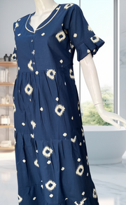 Navy Blue Ikkat Pure Cotton Nighty. Pure Durable Cotton | Laces and Frills - Laces and Frills