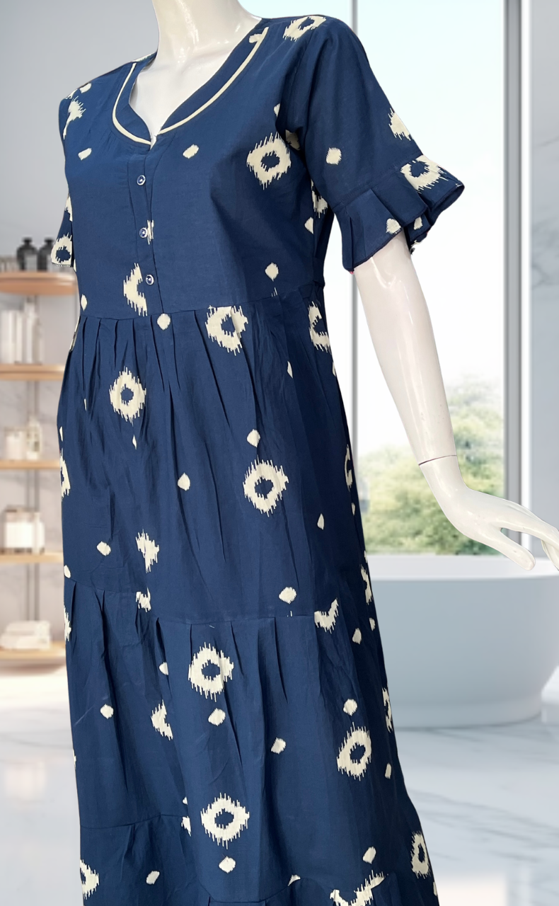 Navy Blue Ikkat Pure Cotton Nighty. Pure Durable Cotton | Laces and Frills - Laces and Frills