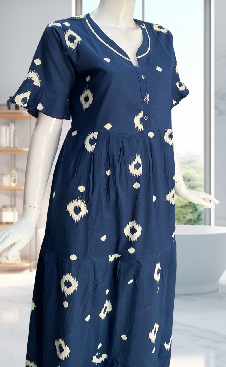 Navy Blue Ikkat Pure Cotton Nighty. Pure Durable Cotton | Laces and Frills - Laces and Frills