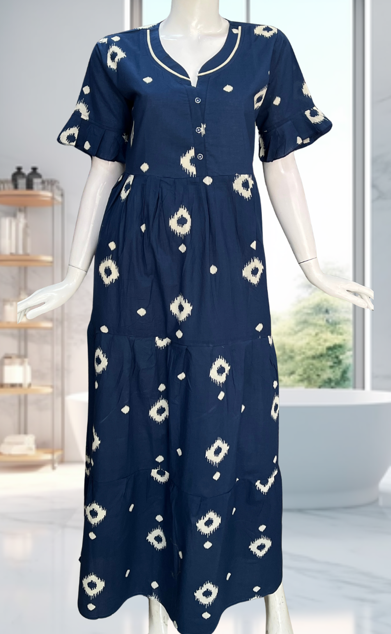Navy Blue Ikkat Pure Cotton Nighty. Pure Durable Cotton | Laces and Frills - Laces and Frills