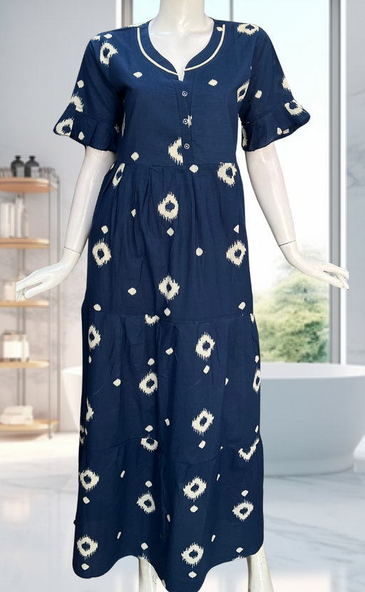 Navy Blue Ikkat Pure Cotton Nighty. Pure Durable Cotton | Laces and Frills - Laces and Frills