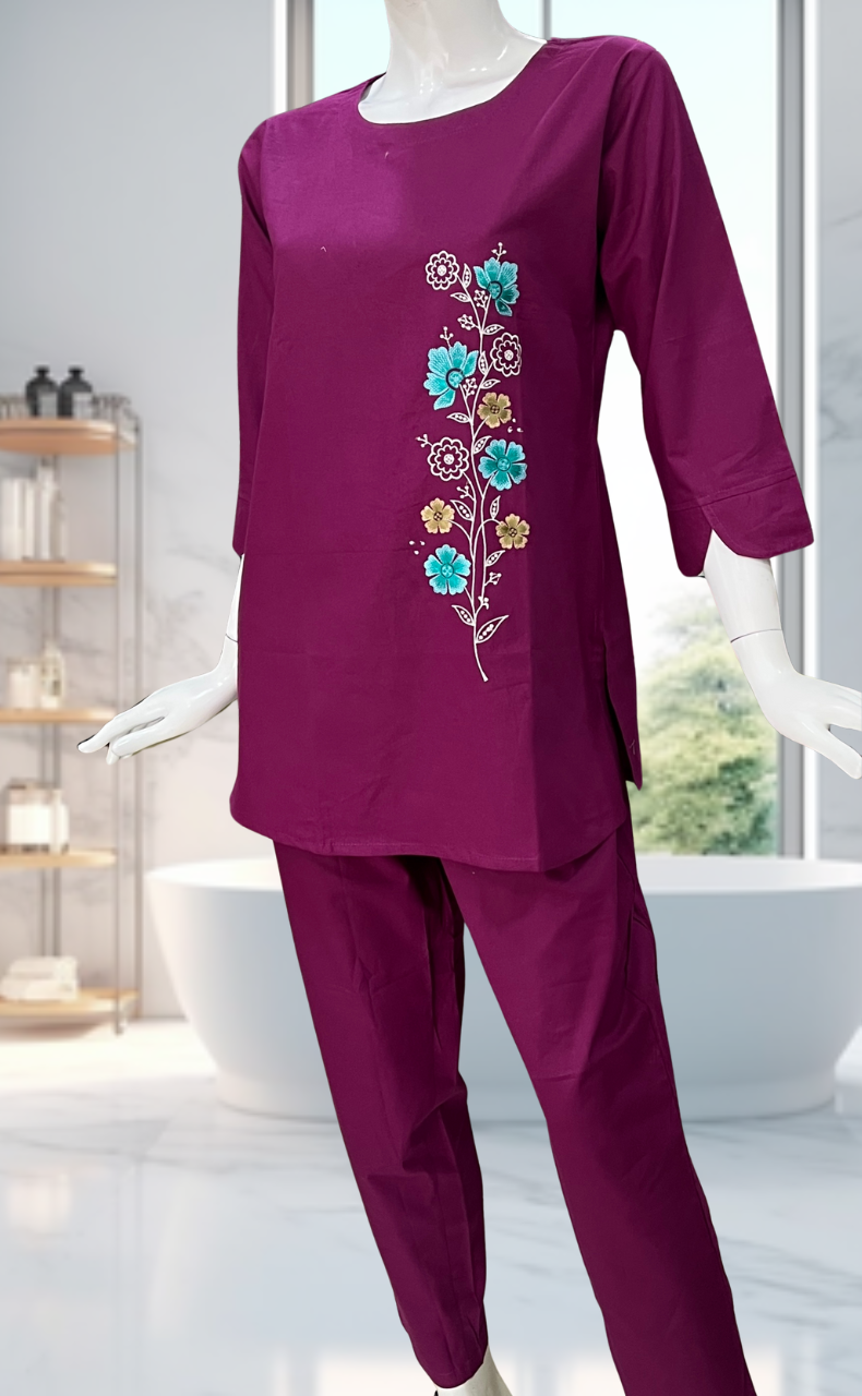 Purple Floral Kurti Co-ord Set . Versatile Cotton Fabric. | Laces and Frills - Laces and Frills