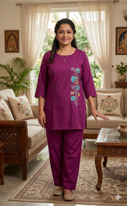Purple Floral Kurti Co-ord Set . Versatile Cotton Fabric. | Laces and Frills - Laces and Frills
