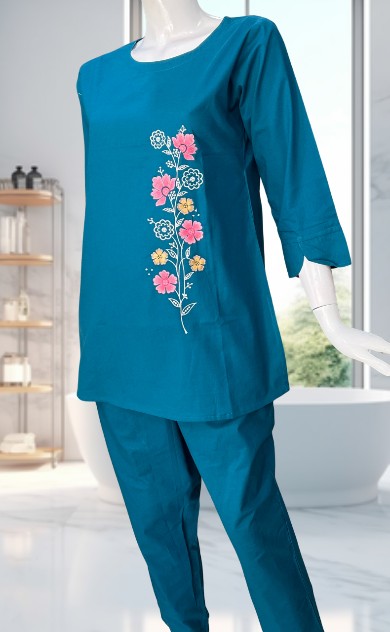 Teal Green Floral Kurti Co-ord Set . Versatile Cotton Fabric. | Laces and Frills - Laces and Frills