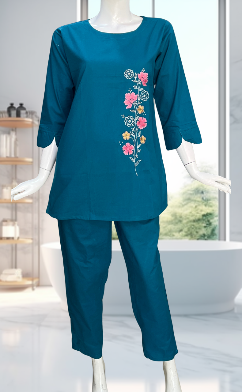Teal Green Floral Kurti Co-ord Set . Versatile Cotton Fabric. | Laces and Frills - Laces and Frills