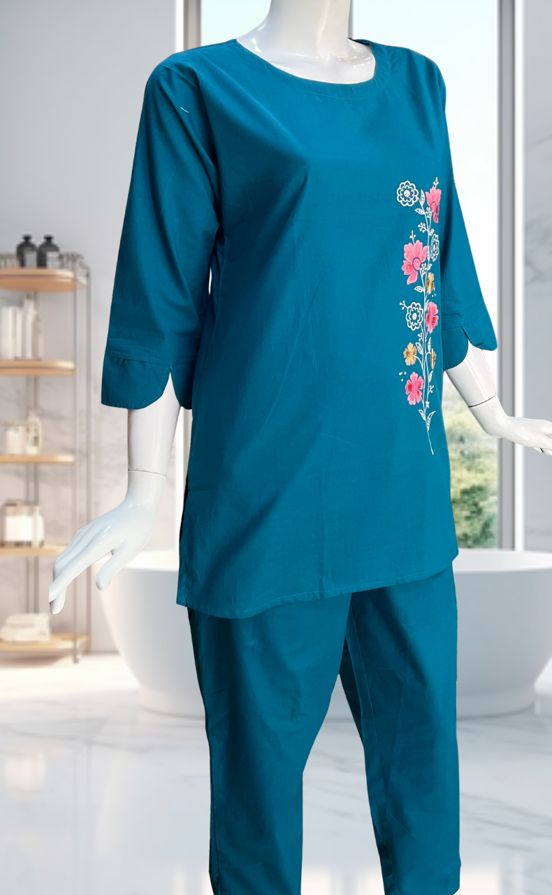Teal Green Floral Kurti Co-ord Set . Versatile Cotton Fabric. | Laces and Frills - Laces and Frills