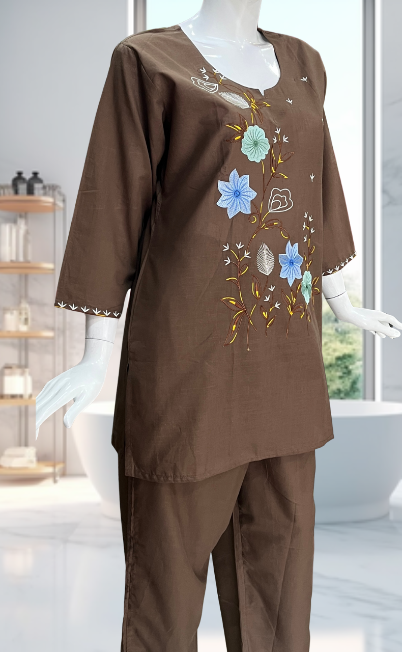 Brown Floral Kurti Co-ord Set . Versatile Cotton Fabric. | Laces and Frills - Laces and Frills