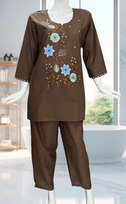 Brown Floral Kurti Co-ord Set . Versatile Cotton Fabric. | Laces and Frills - Laces and Frills