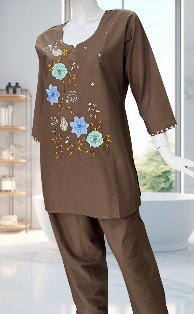 Brown Floral Kurti Co-ord Set . Versatile Cotton Fabric. | Laces and Frills - Laces and Frills