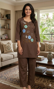 Brown Floral Kurti Co-ord Set . Versatile Cotton Fabric. | Laces and Frills - Laces and Frills
