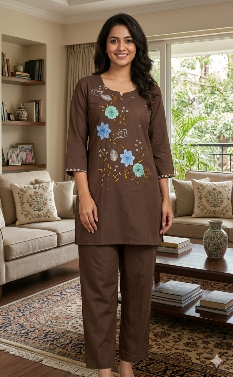 Brown Floral Kurti Co-ord Set . Versatile Cotton Fabric. | Laces and Frills - Laces and Frills