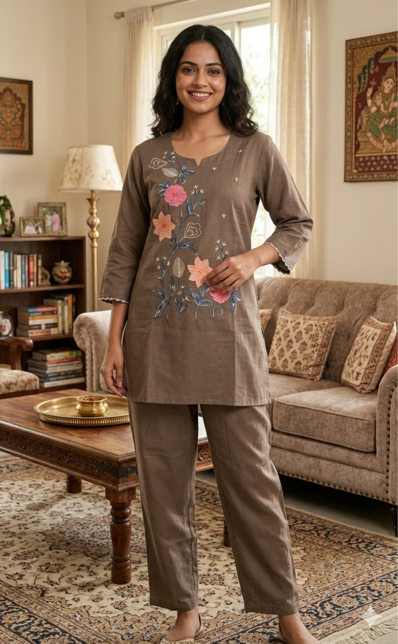 Beige Floral Kurti Co-ord Set . Versatile Cotton Fabric. | Laces and Frills - Laces and Frills
