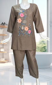 Beige Floral Kurti Co-ord Set . Versatile Cotton Fabric. | Laces and Frills - Laces and Frills