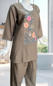 Beige Floral Kurti Co-ord Set . Versatile Cotton Fabric. | Laces and Frills - Laces and Frills