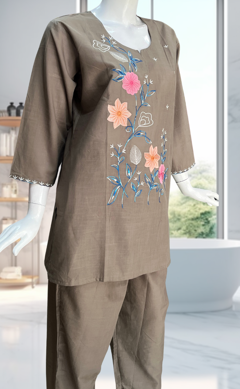 Beige Floral Kurti Co-ord Set . Versatile Cotton Fabric. | Laces and Frills - Laces and Frills