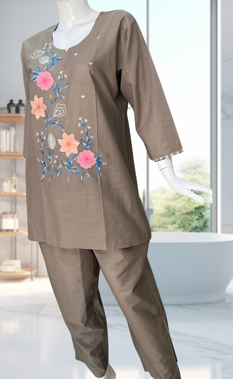 Beige Floral Kurti Co-ord Set . Versatile Cotton Fabric. | Laces and Frills - Laces and Frills