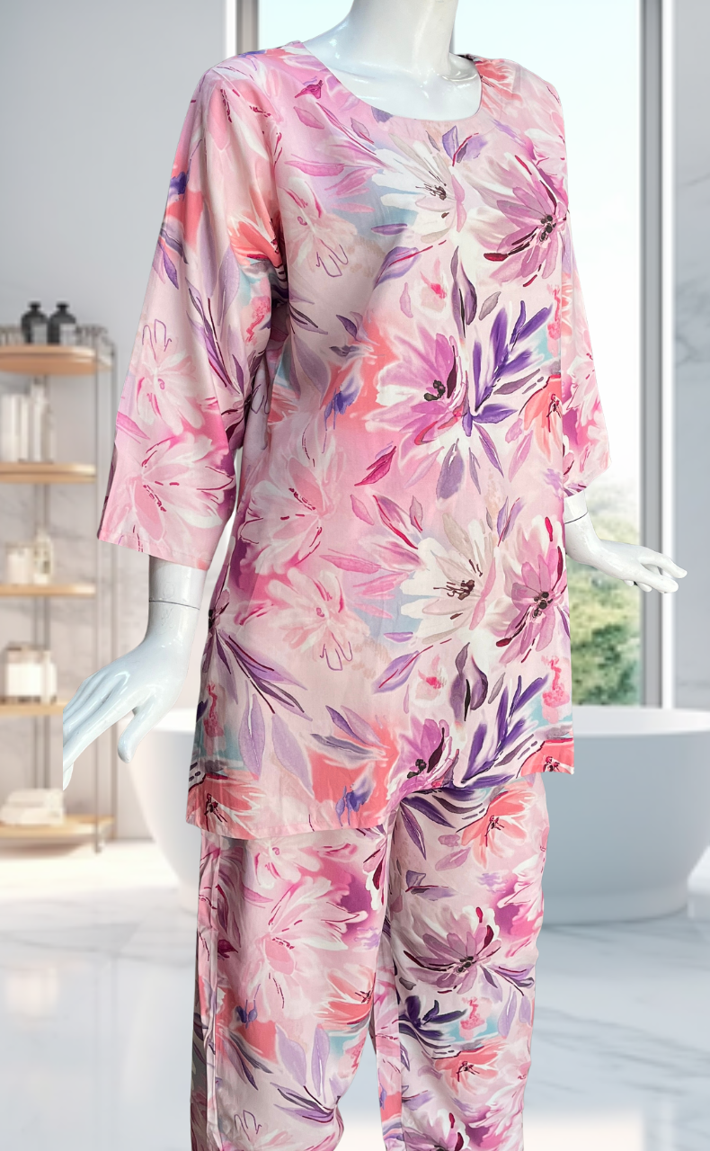 Pink/Purple Garden Kurti Co-ord Set . Flowy Rayon Fabric. | Laces and Frills - Laces and Frills