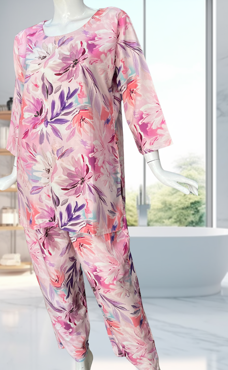 Pink/Purple Garden Kurti Co-ord Set . Flowy Rayon Fabric. | Laces and Frills - Laces and Frills