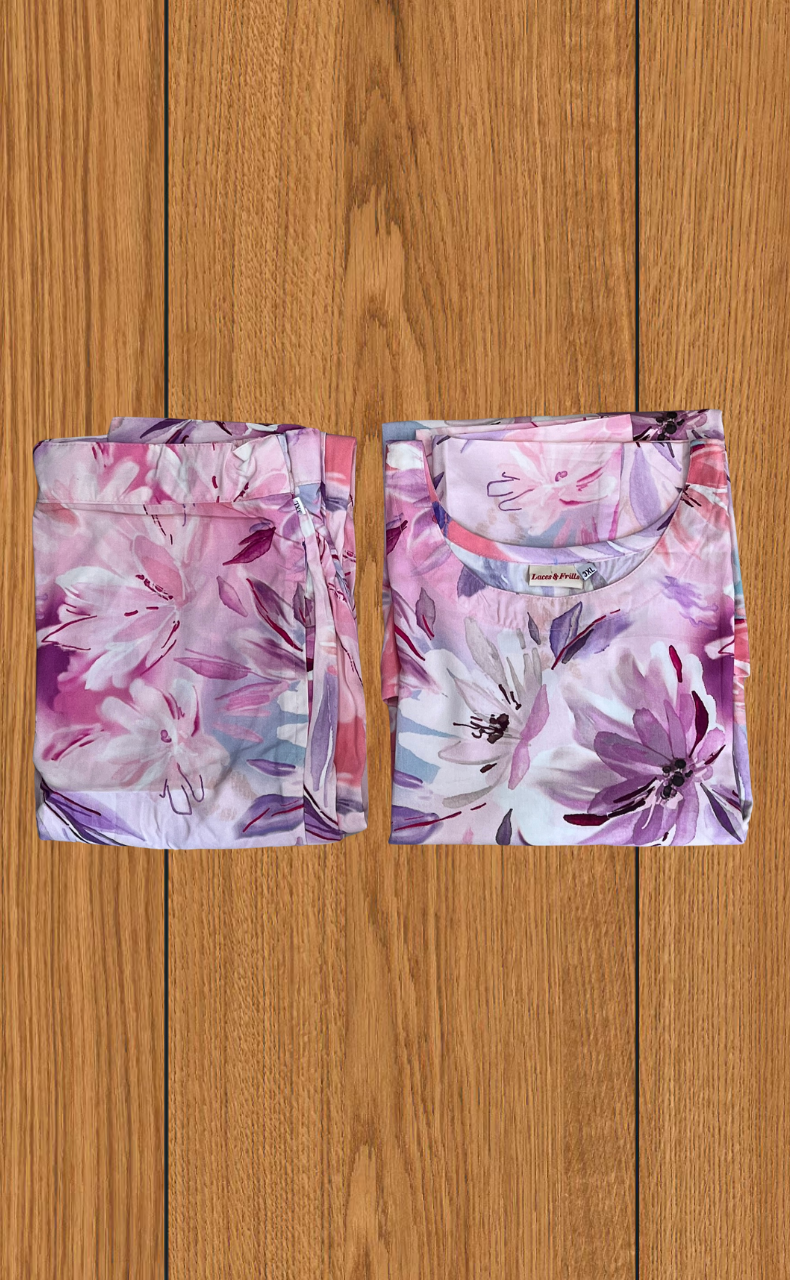Pink/Purple Garden Kurti Co-ord Set . Flowy Rayon Fabric. | Laces and Frills - Laces and Frills