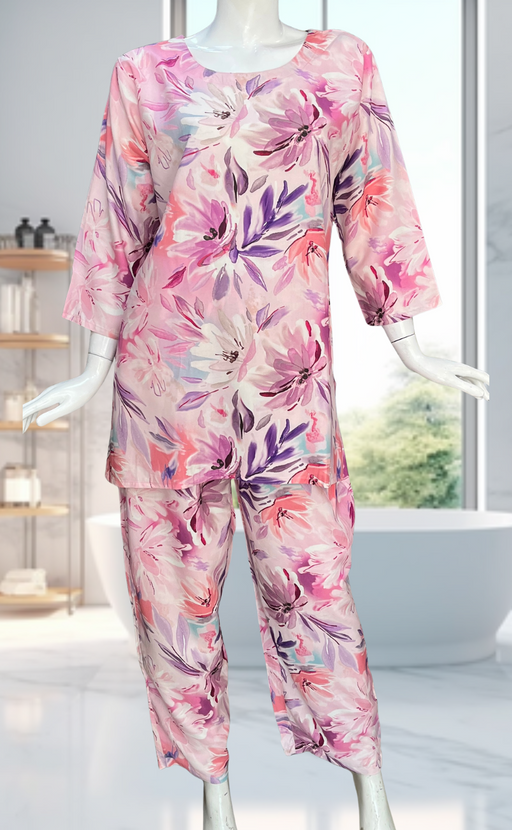 Pink/Purple Garden Kurti Co-ord Set . Flowy Rayon Fabric. | Laces and Frills - Laces and Frills