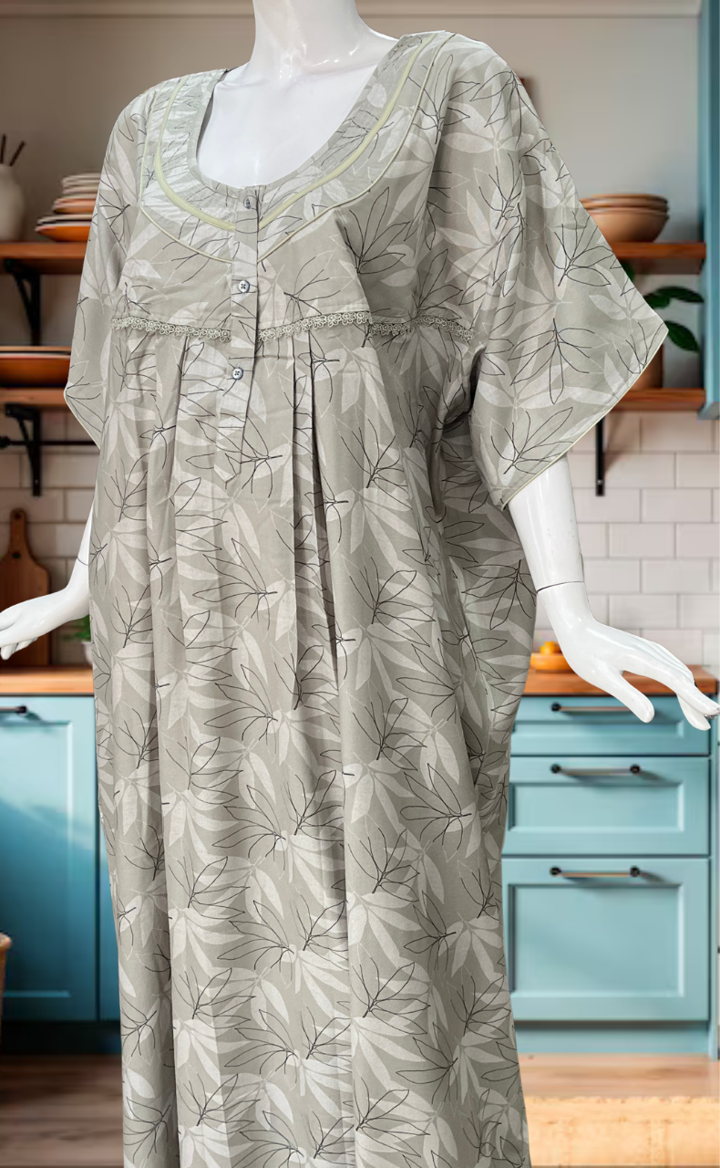 Beige Leafy Spun Nighty. Flowy Spun Fabric | Laces and Frills