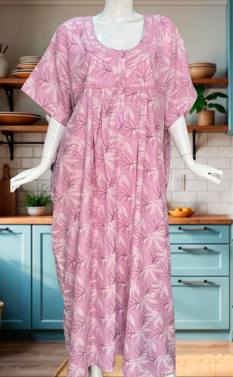 Pink Leafy Spun Nighty. Flowy Spun Fabric | Laces and Frills