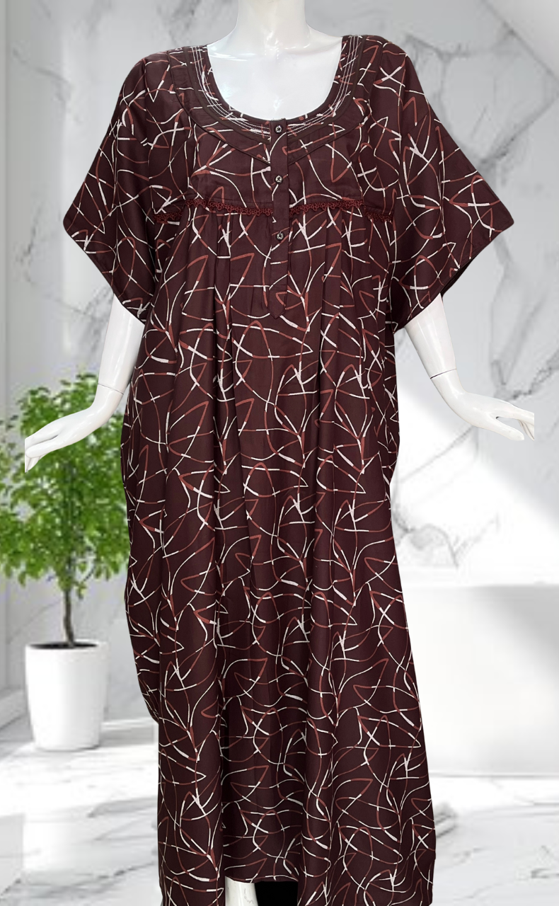 Brown Abstract Spun Nighty. Flowy Spun Fabric | Laces and Frills
