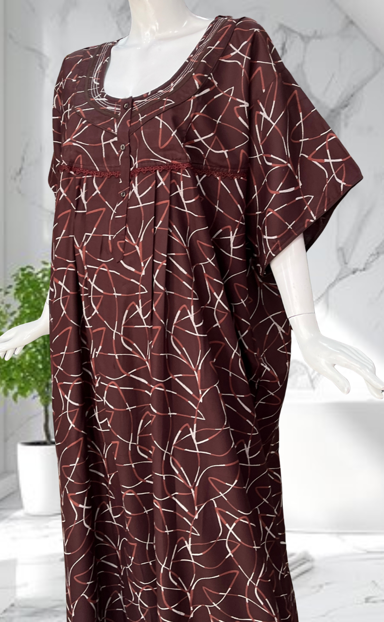Brown Abstract Spun Nighty. Flowy Spun Fabric | Laces and Frills