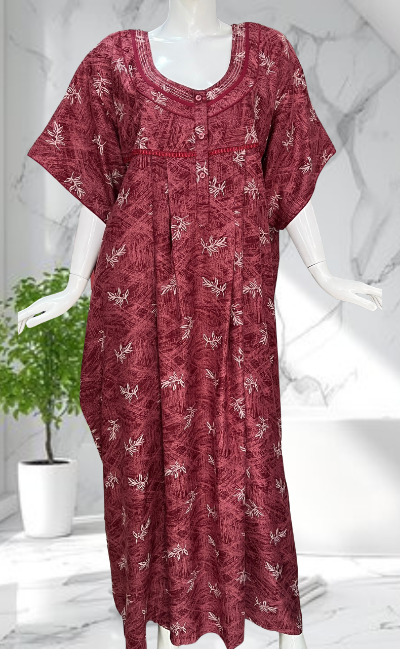 Maroon Leafy Spun Nighty. Flowy Spun Fabric | Laces and Frills