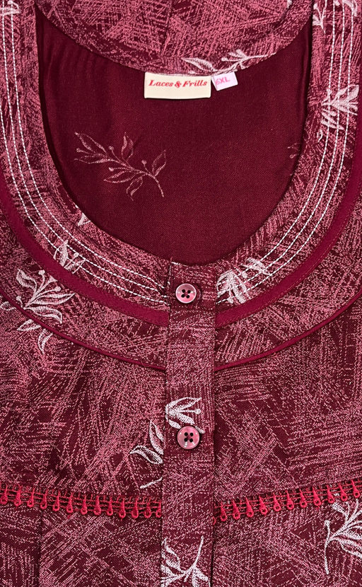 Maroon Leafy Spun Nighty. Flowy Spun Fabric | Laces and Frills