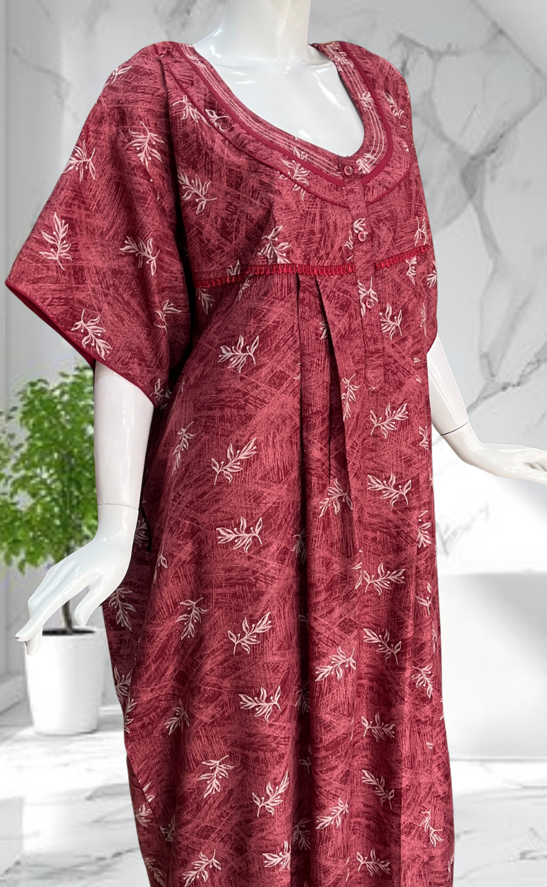 Maroon Leafy Spun Nighty. Flowy Spun Fabric | Laces and Frills