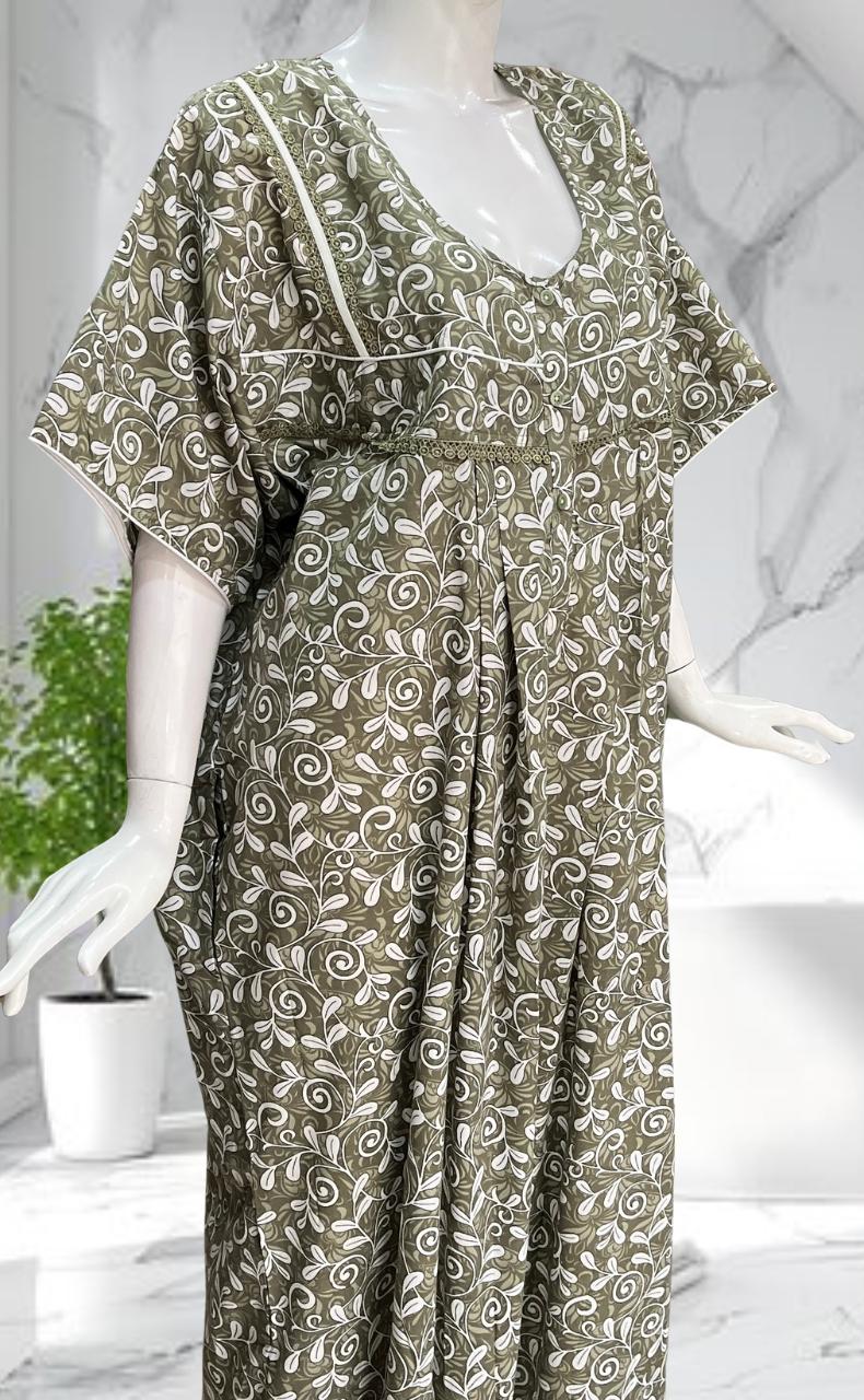 Pista Green Garden Soft Cotton Nighty. Soft Breathable Fabric | Laces and Frills