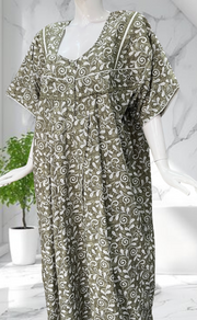 Pista Green Garden Soft Cotton Nighty. Soft Breathable Fabric | Laces and Frills