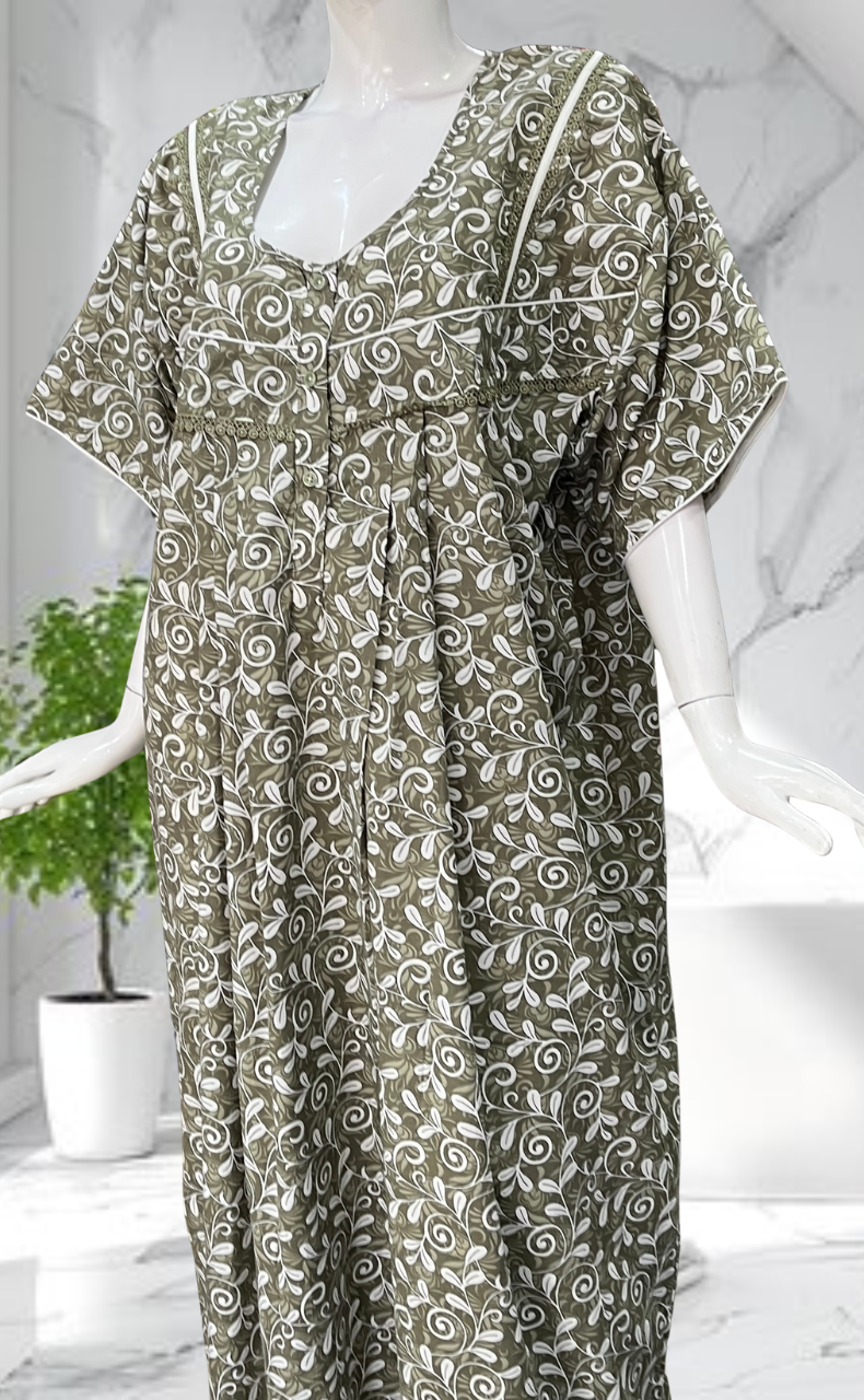 Pista Green Garden Soft Cotton Nighty. Soft Breathable Fabric | Laces and Frills