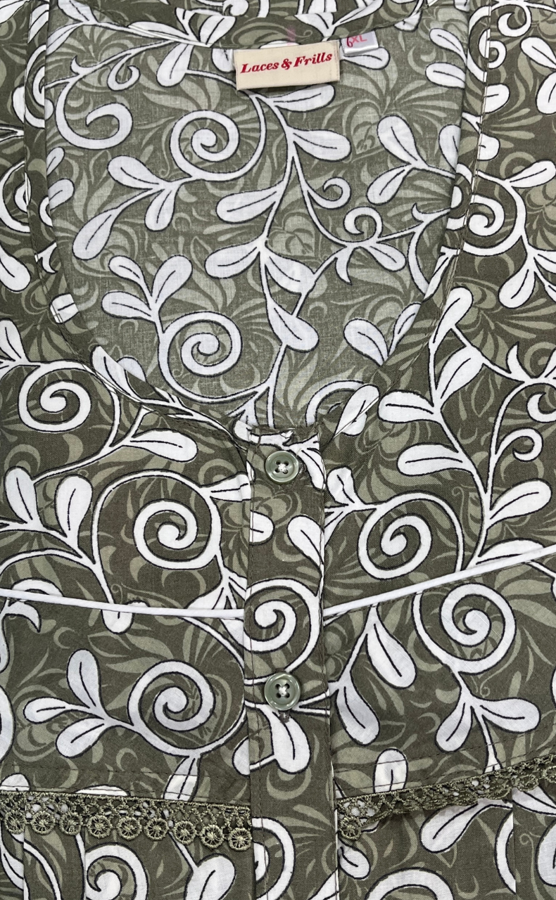 Pista Green Garden Soft Cotton Nighty. Soft Breathable Fabric | Laces and Frills